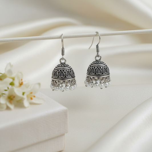 Traditional Oxidized Silver Jhumka Earrings with Pearl Drop