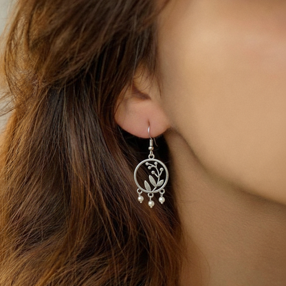 Silver Hoop Earrings with Vine & Leaf Motif - Bohemian Dangle Drop Earrings