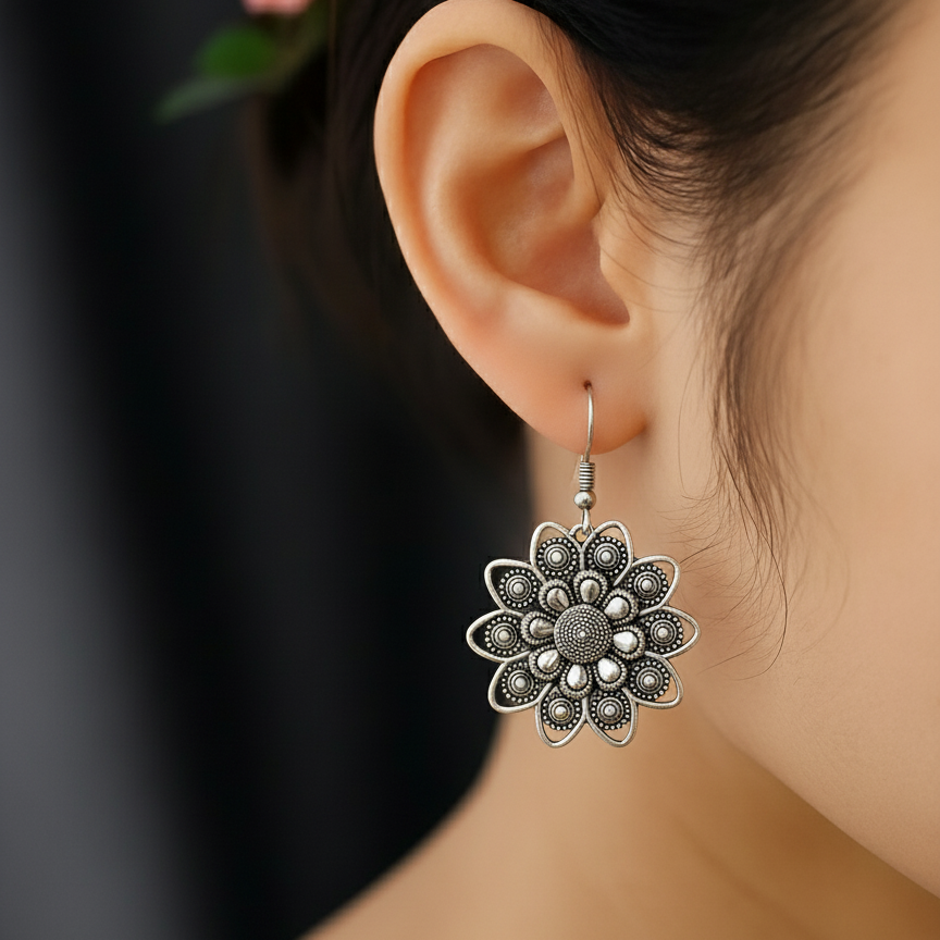 Intricate Oxidized Silver Mandala Flower Earrings