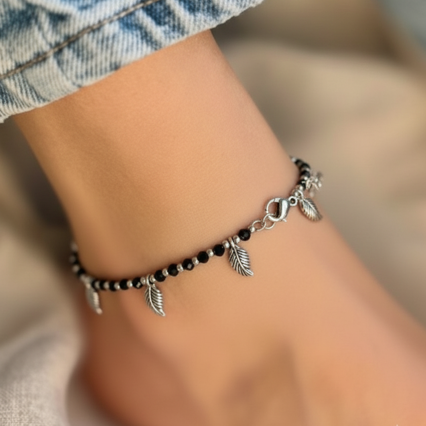 Black Crystal Beaded Adjustable Anklets (Pair) with Silver-Tone Leaf Charms