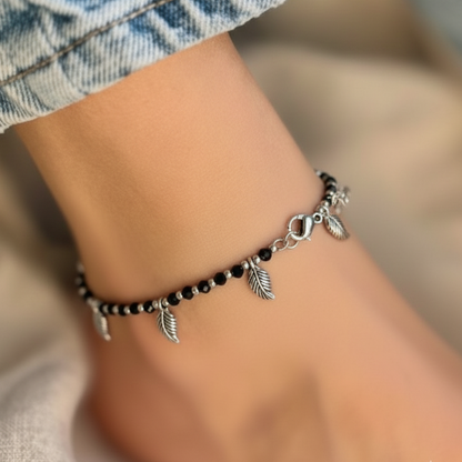 Black Crystal Beaded Adjustable Anklets (Pair) with Silver-Tone Leaf Charms