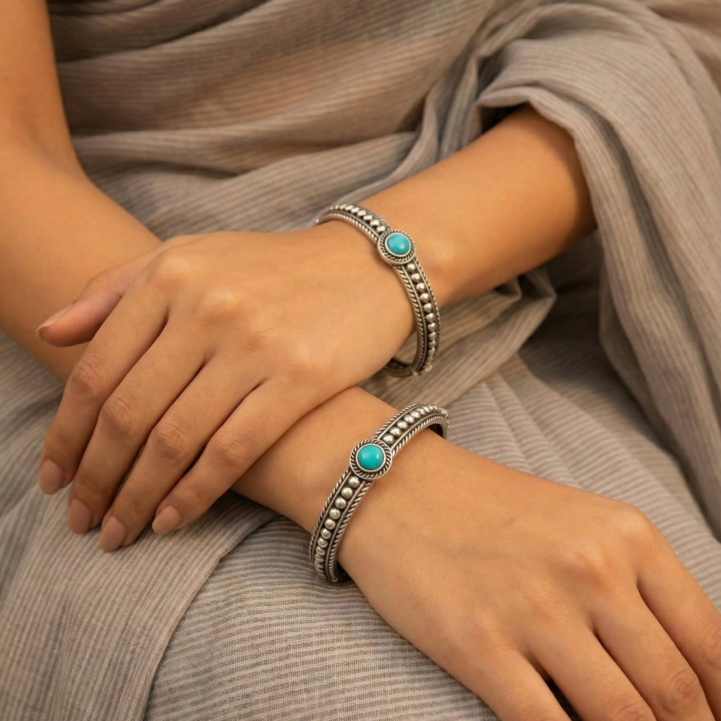 Silver Handcrafted Turquoise Bangle – Adjustable Antique Silver Finish Bracelet