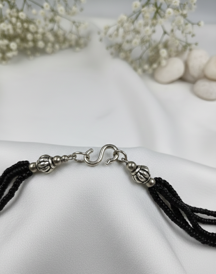 Oxidised Silver Krishna Bansuri Pendant Necklace with Black Beaded Chain | Ethnic Jewelry for Women