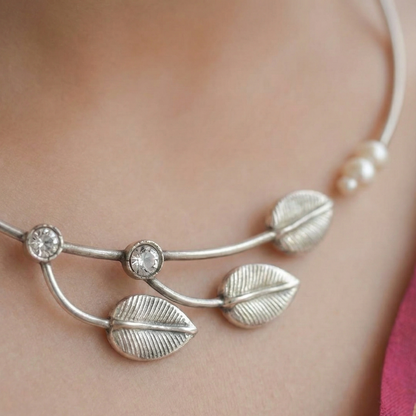 Oxidized Silver Leaf & Pearl Torque Necklace - Adjustable Choker Style