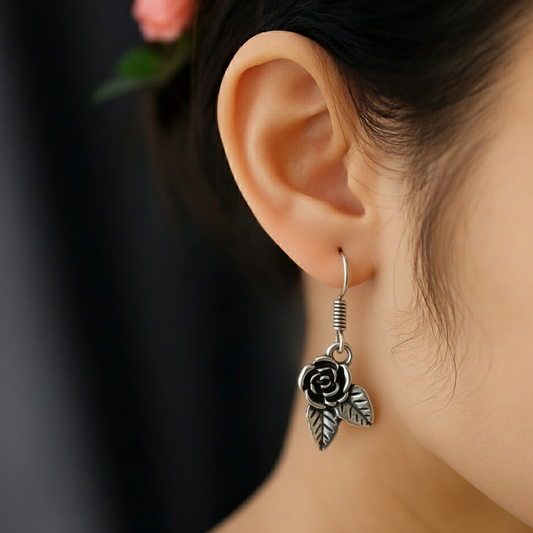 Oxidized Silver Rose and Leaf Drop Earrings