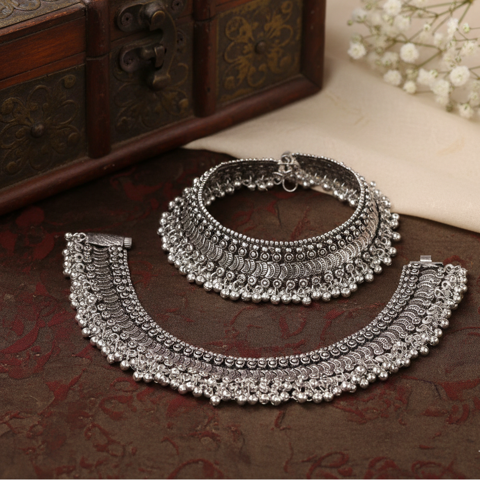 Tribal Oxidized Silver Ghungroo Anklets Pair | Statement Payal Set