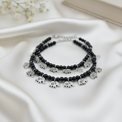Handcrafted Black Beaded Elephant Charm Adjustable Anklets - Pair