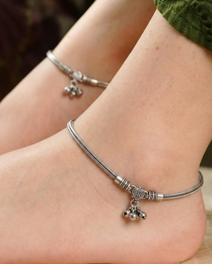 Boho-Chic Oxidized Silver Anklets for Women - Traditional Ghungroo Payal