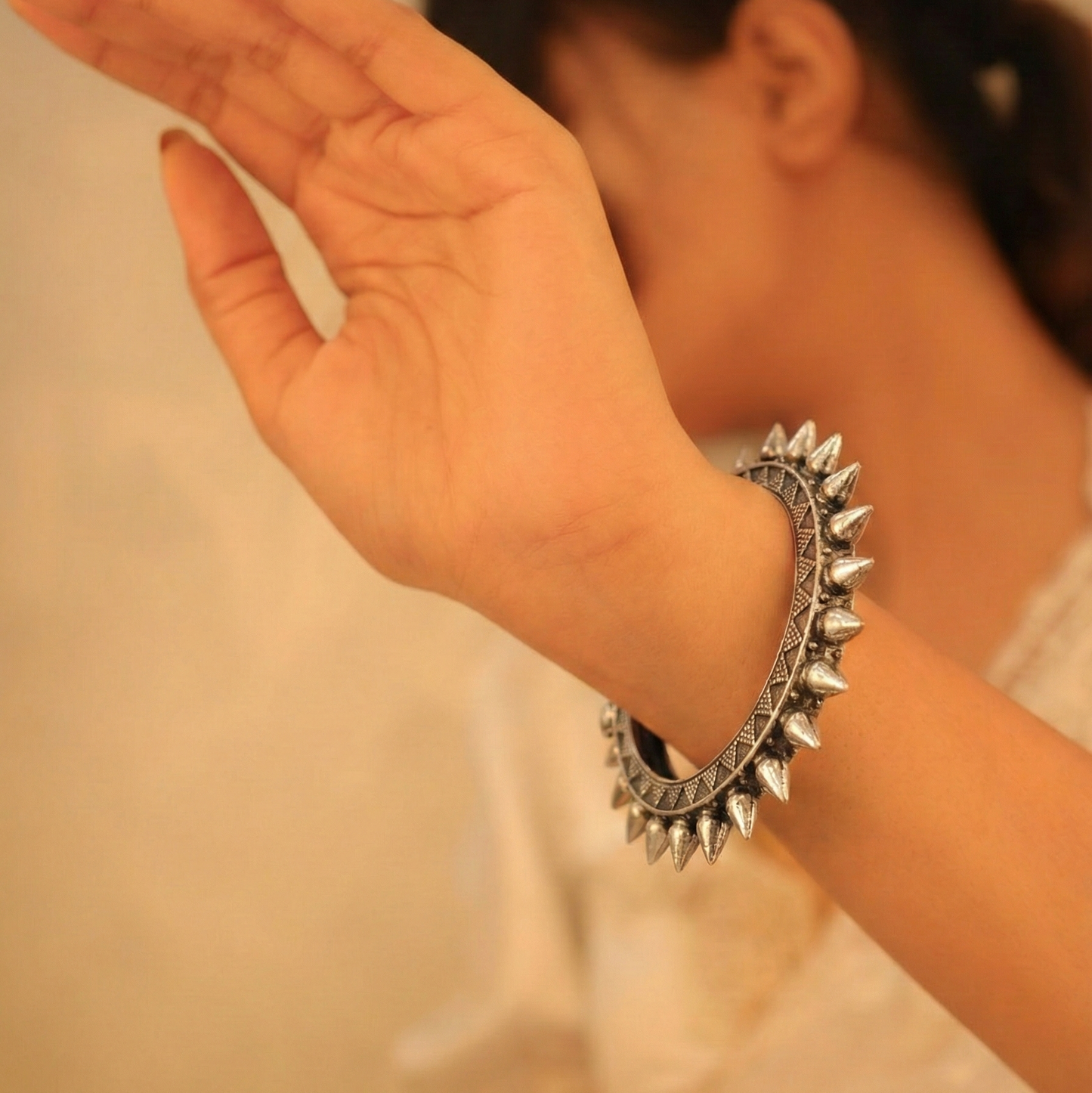 Oxidized Silver Spiked Adjustable Bangle | Punk Style Ethnic Kada