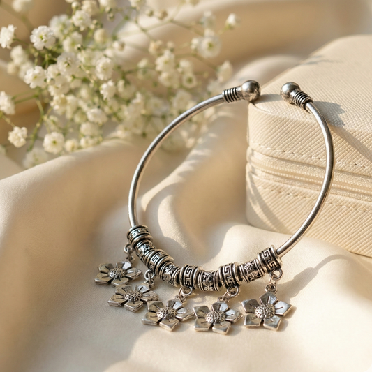 Oxidized Silver Flower Charm Open Cuff Bracelet - Adjustable