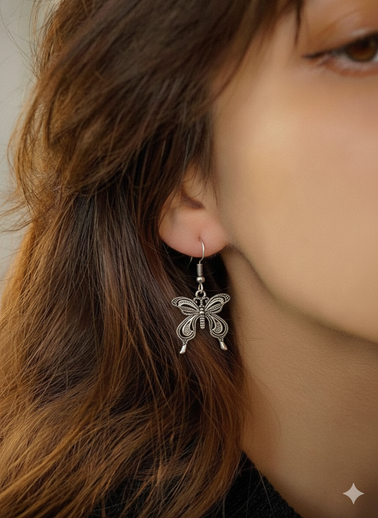 Delicate Oxidized Silver Butterfly Dangler Earrings