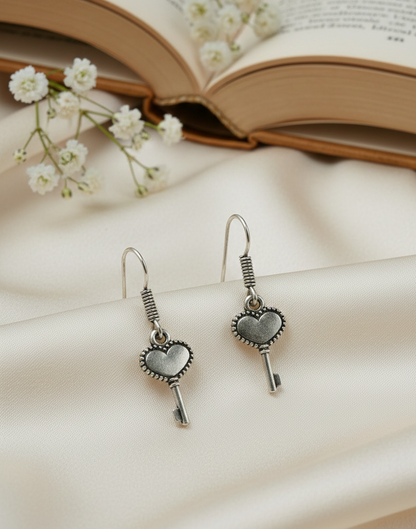 Vintage Heart Key Drop Earrings – Antique Silver Style Dangle Earrings for Women