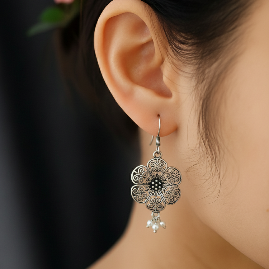 Intricate Oxidized Silver Filigree Flower Drop Earrings