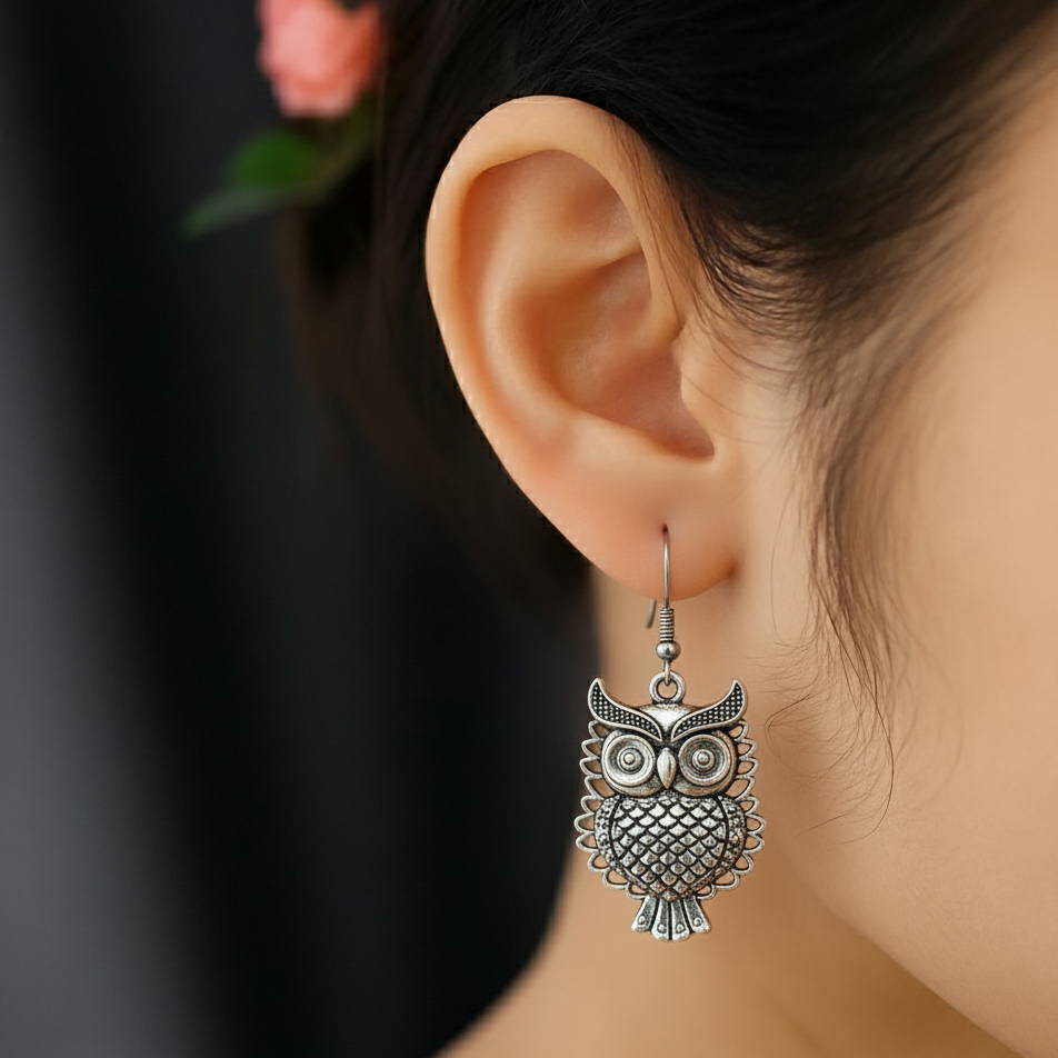 Oxidized Silver Owl Dangle Earrings | Bohemian Wise Owl Statement Jewellry for Women