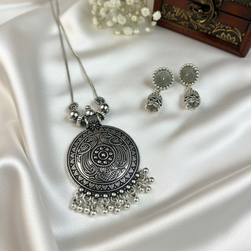 Oxidized Silver Mandala Necklace Set | Ghungroo Drop Jhumka Earrings