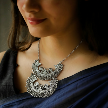 Traditional Silver Peacock Necklace – Handmade Stone Work Best Long Oxidized Jewellery