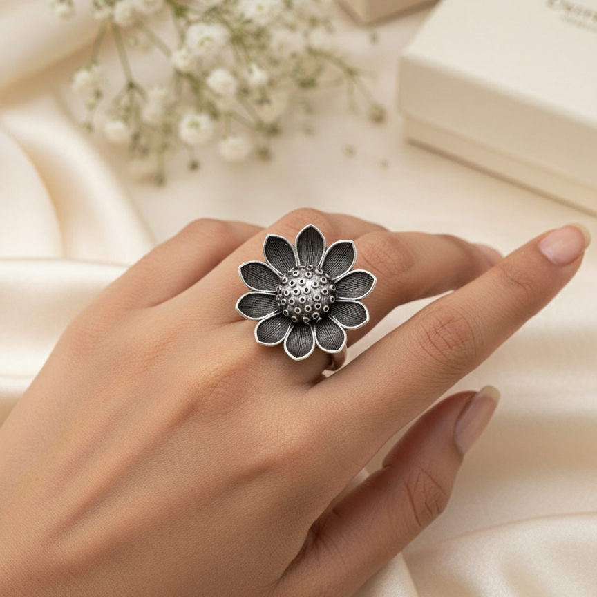 Adjustable Oxidized Silver Floral Ring | Layered Petal Statement Jewelry