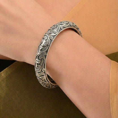 Oxidized Openable Floral Art Bangle | Ethnic Etched Bangle Kada