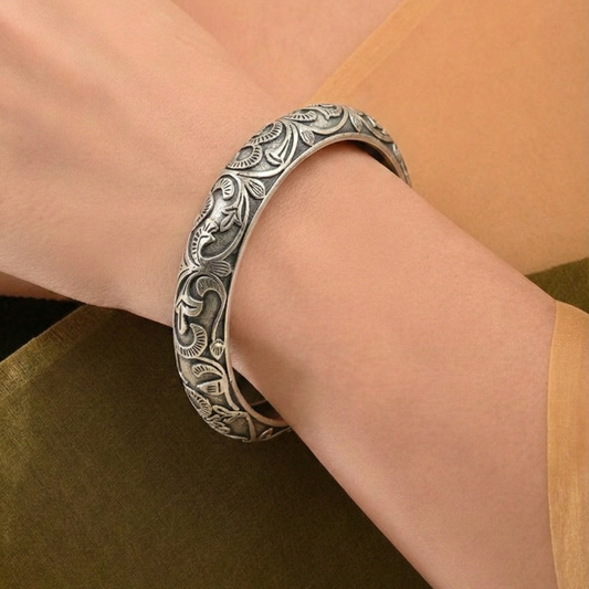 Oxidized Openable Floral Art Bangle | Ethnic Etched Bangle Kada