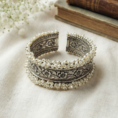 Oxidized Silver Kada with Pearl  Unique Pearl Work - Traditional Indian Bangle Bracelet