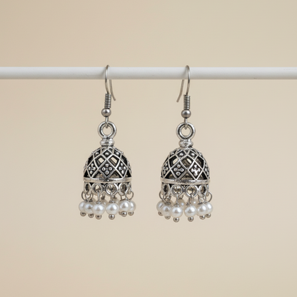 Classic Pearl Drop Jhumki Earrings | Antique Silver Finish Indian Ethnic Jewellry for Women
