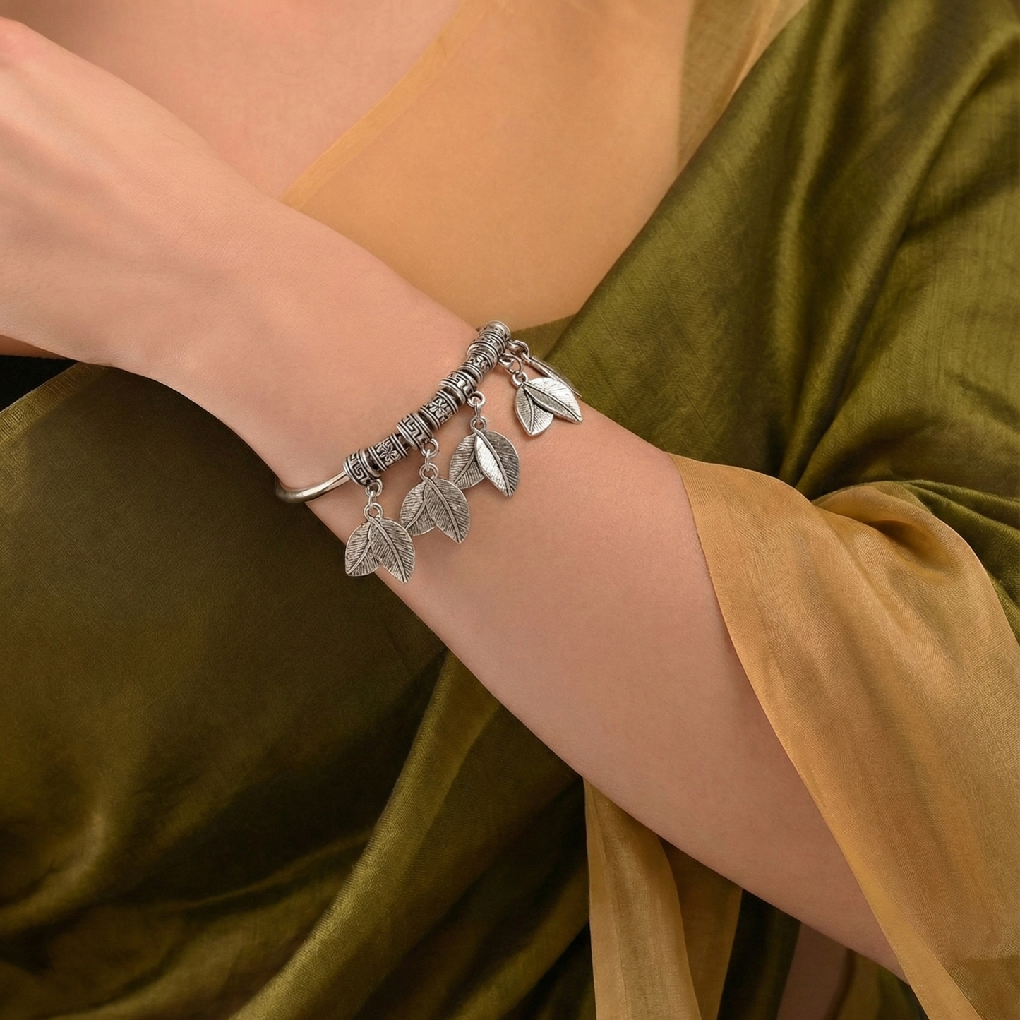 Oxidized Silver Leaf Charm Cuff Bracelet - Adjustable