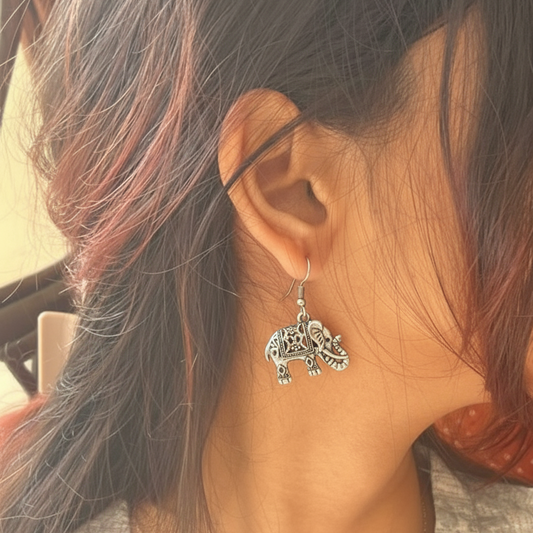 Good Luck Oxidized Silver Elephant Dangle Earrings | Detailed Indian Style Ethnic Drop Jewellry