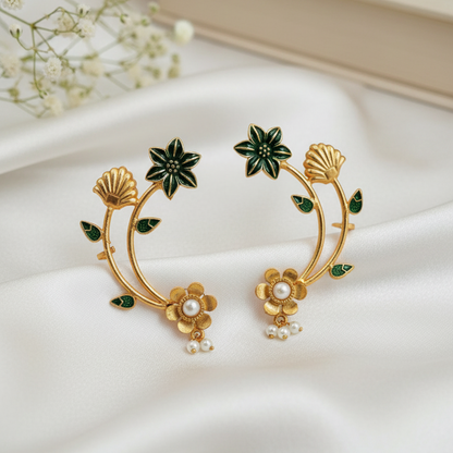 Grand Gold Toned Floral Ear Cuffs (Pair) with Pearl Accents