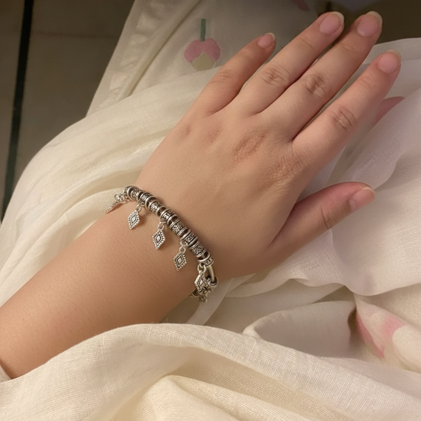 Vintage Tribal Silver Adjustable Cuff Bracelet with Geometric Charms - Boho Ethnic Kada for Women