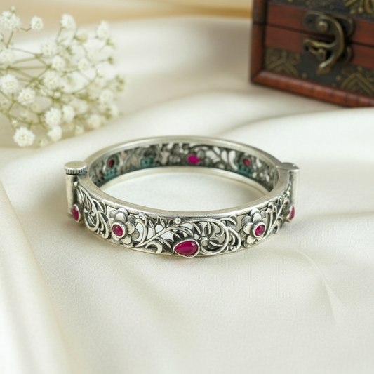 Oxidized Silver Finish Floral Filigree Bangle Bracelet with Ruby Pink Stone Accents
