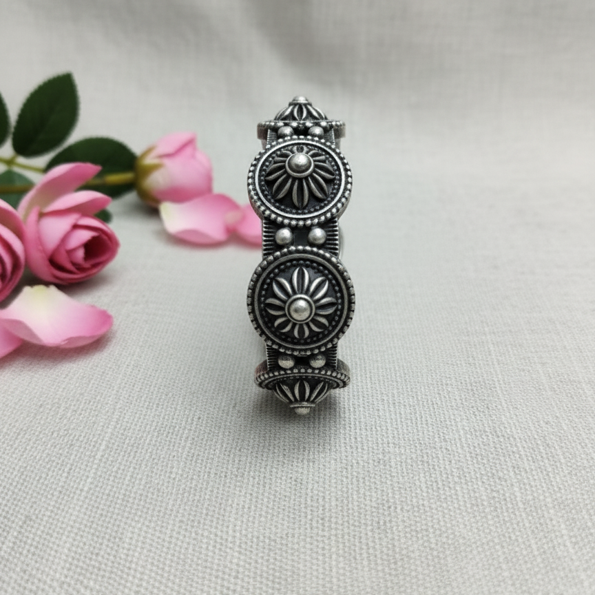 Luxurious Oxidised Silver Bangle | Adjustable Free Size Kada