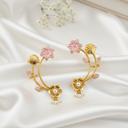 Grand Gold Toned Floral Ear Cuffs (Pair) with Pearl Accents