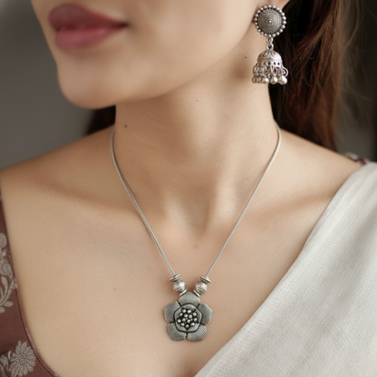 Oxidized Silver Bold Flower Necklace Set | Ribbed Petal & Jhumka Drops