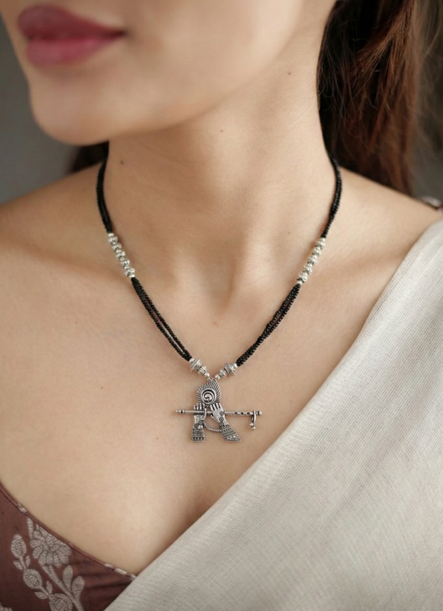 Oxidised Silver Krishna Bansuri Pendant Necklace with Black Beaded Chain | Ethnic Jewelry for Women