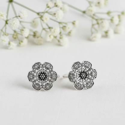 Antique Oxidized Flower Toe Rings - Handcrafted Pair