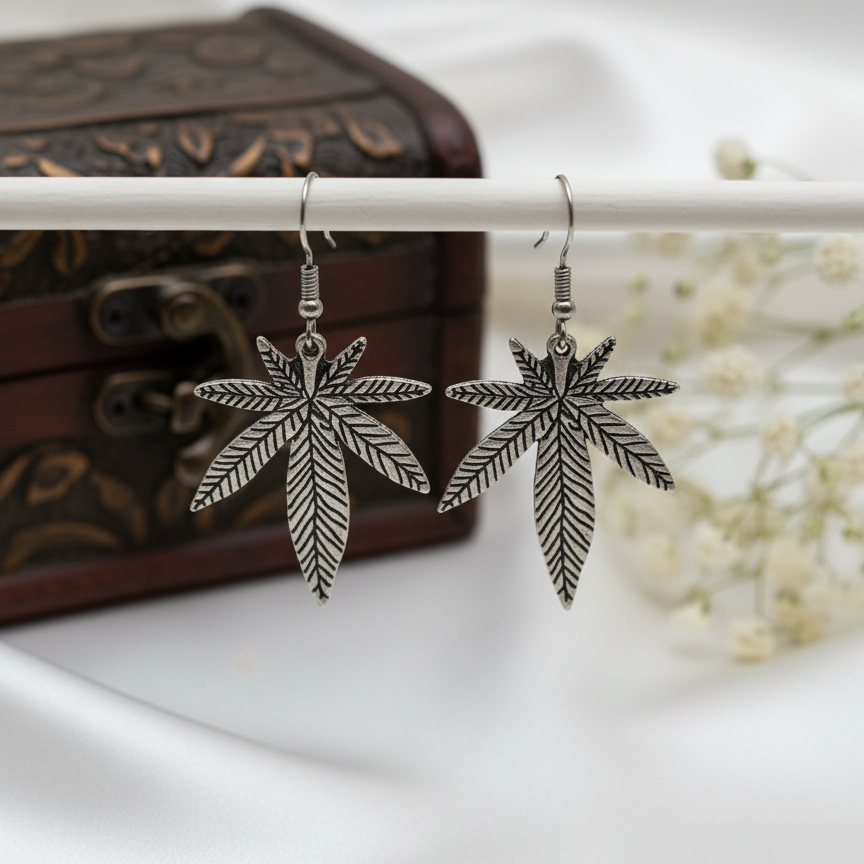 Statement Silver Maple/Pot Leaf Dangle Earrings