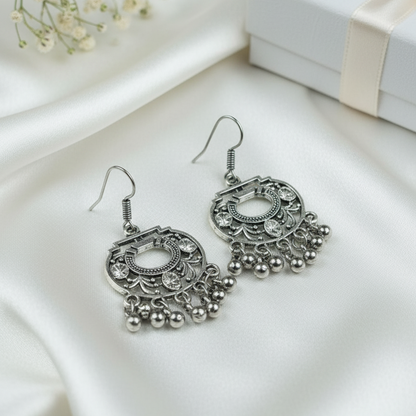 Oxidized Silver Jhoomar Drop Earrings | Crystal & Ghungroo Danglers
