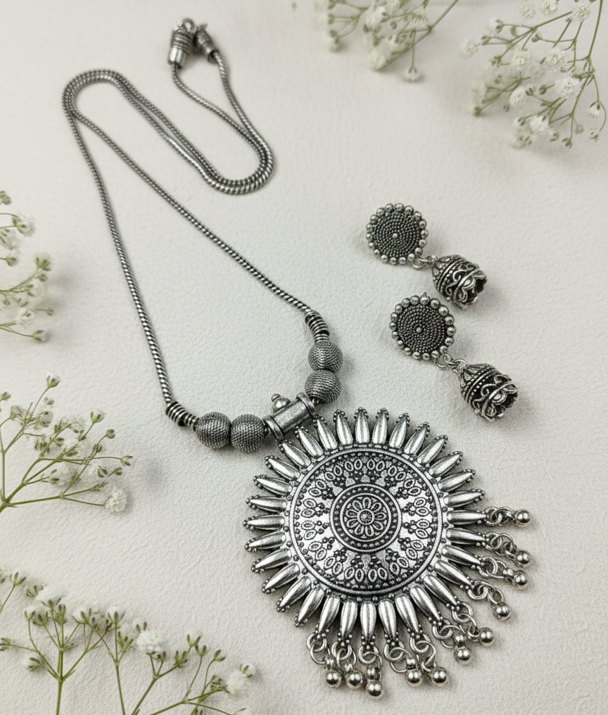 Tribal Sunburst Oxidized Necklace Set | Boho Ethnic Jewelry with Jhumkas