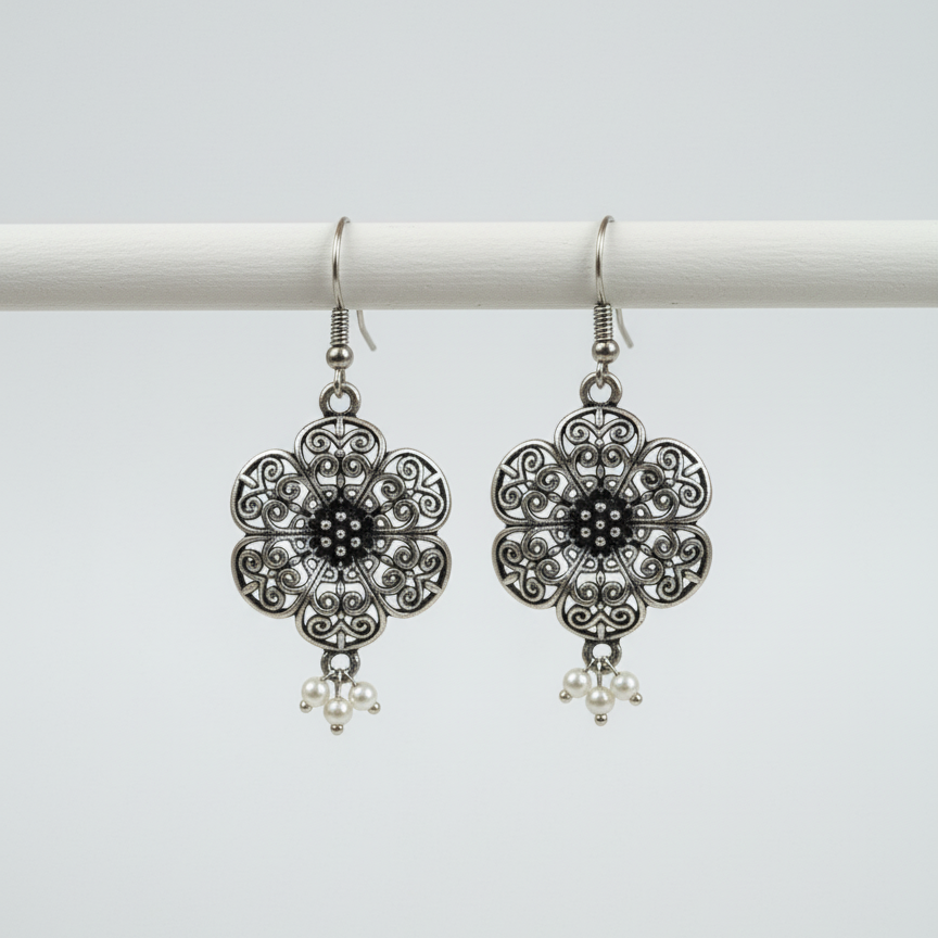 Intricate Oxidized Silver Filigree Flower Drop Earrings