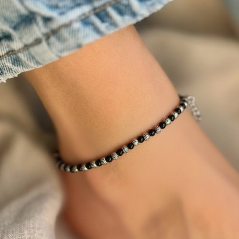 Silver Ball Black Anklet with Beautiful Stone Design
