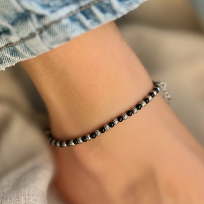 Silver Ball Black Anklet with Beautiful Stone Design