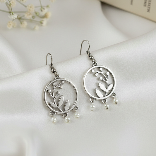 Silver Hoop Earrings with Vine & Leaf Motif - Bohemian Dangle Drop Earrings
