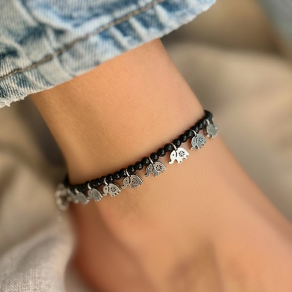 Handcrafted Black Beaded Elephant Charm Adjustable Anklets - Pair
