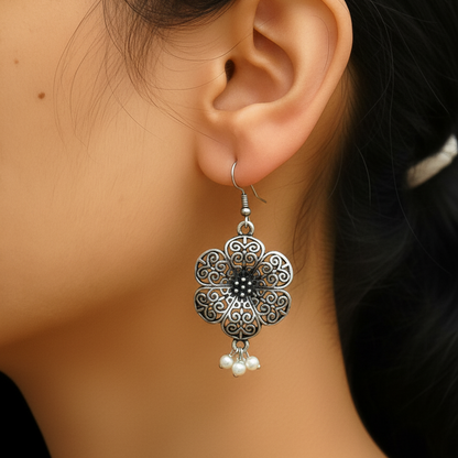 Intricate Oxidized Silver Filigree Flower Drop Earrings