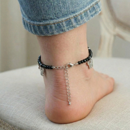 Butterfly Charm Black Beaded Anklet – Oxidized Silver Boho Payal with Adjustable Chain