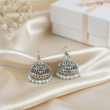 Classic Oxidised Silver Jhumka Earrings with Pearl Drop