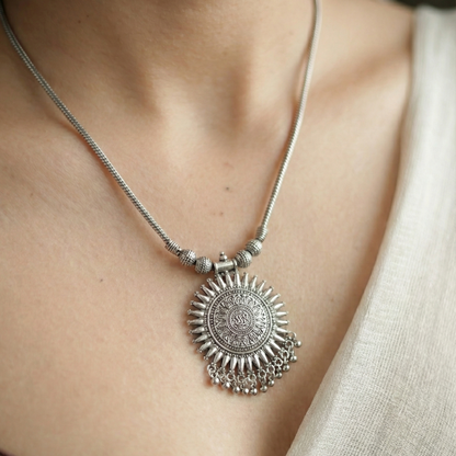 Tribal Sunburst Oxidized Necklace Set | Boho Ethnic Jewelry with Jhumkas