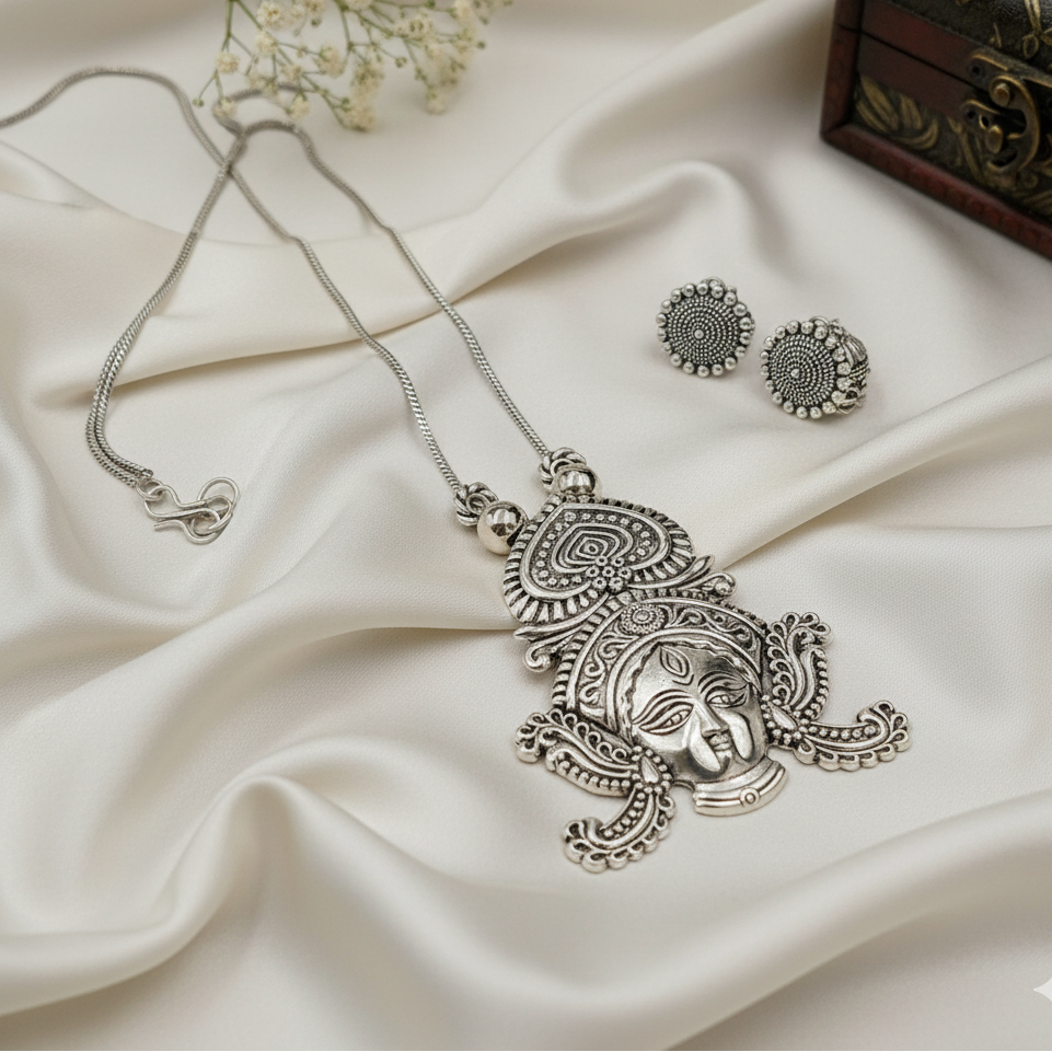 Divine Goddess Oxidized Silver Necklace Set | Durga Face Pendant & Earrings