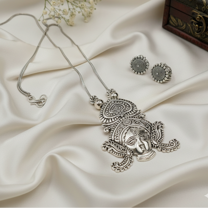 Divine Goddess Oxidized Silver Necklace Set | Durga Face Pendant & Earrings