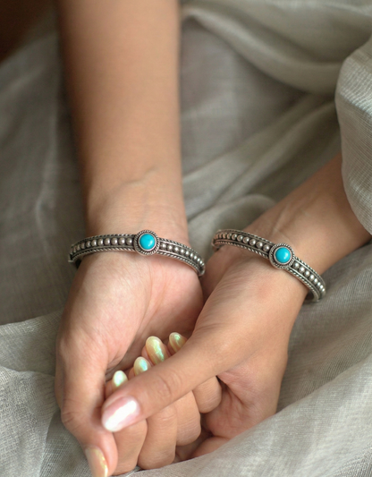 Silver Handcrafted Turquoise Bangle – Adjustable Antique Silver Finish Bracelet